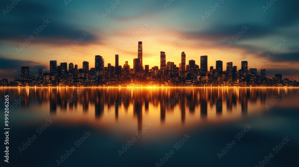Obraz premium Cityscape Silhouette at Sunset with Water Reflection