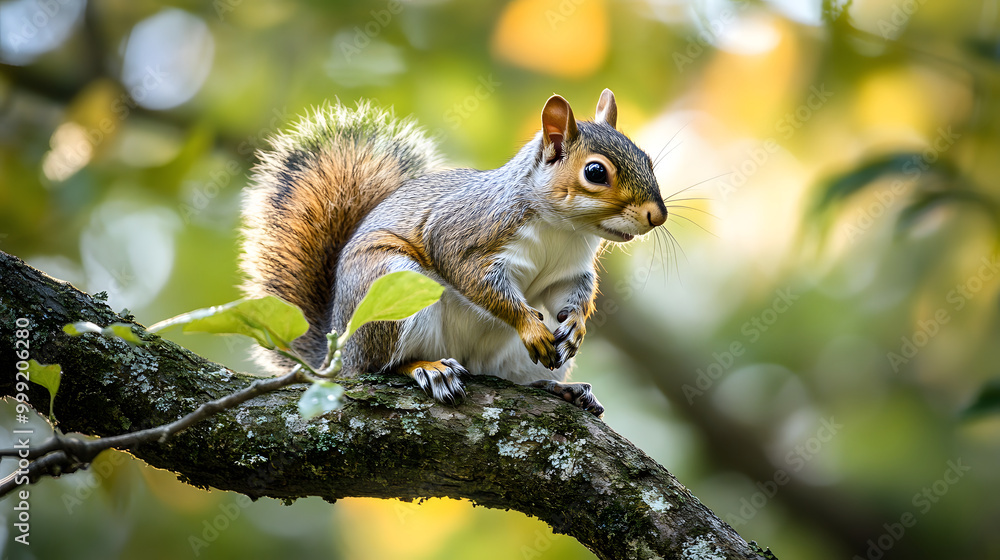 Detailed view of a squirrel with vibrant fur standing on a moss-covered branch in a forest setting. Detailed view of a squirrel with vibrant fur standing on a moss-covered branch in a forest setting.