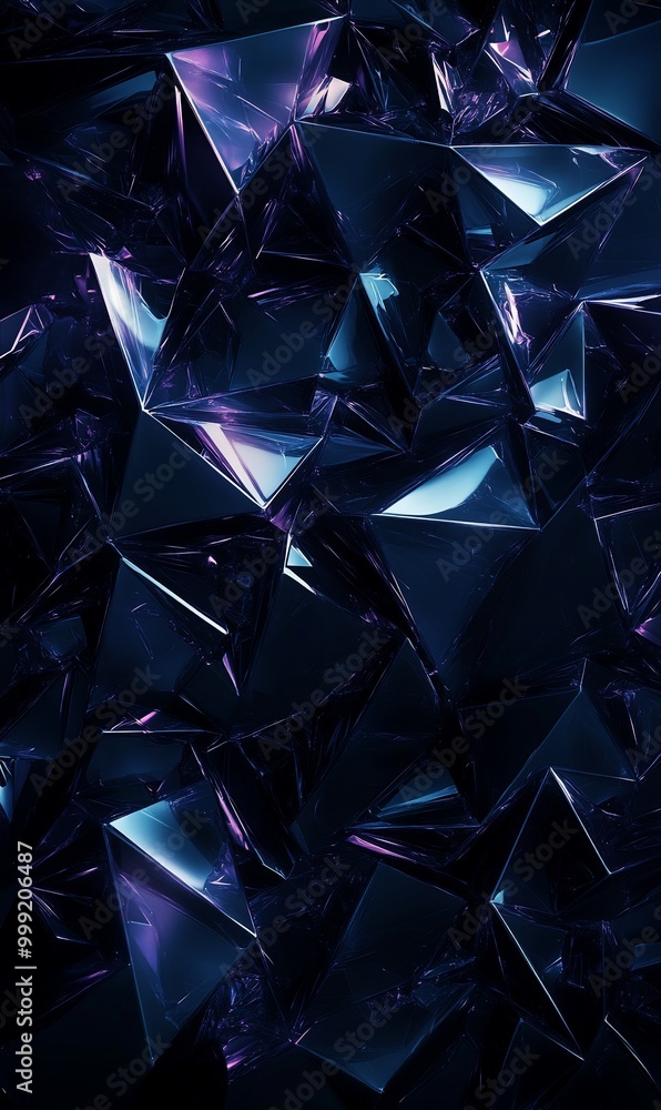 Abstract geometric pattern of dark blue and purple triangle shapes with a reflective and glossy surface. Abstract geometric pattern of dark blue and purple triangle shapes with a reflective and glossy surface.