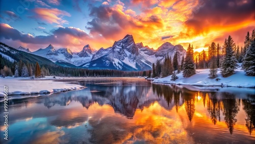 Sunrise Over Mountains awakens the stillness of a frozen lake, as vibrant hues of dawn dance across the snow-capped peaks, radiating warmth.