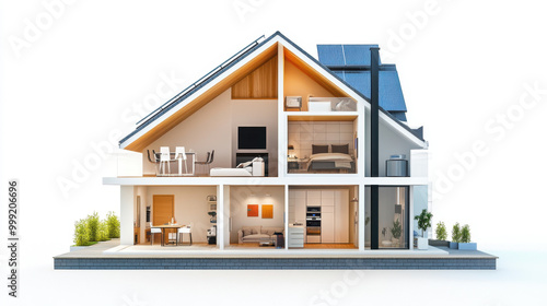 Modern two-story house cutaway showing contemporary interior design with open living spaces, stylish furniture, and plants. Bright and airy home with wooden accents.