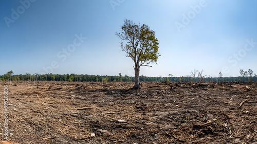 A panoramic view of a once lush forest, now reduced to an expanse of cleared land with a solitary tree remaining in the center. The ground is littered with debris from recent logging activities,  photo