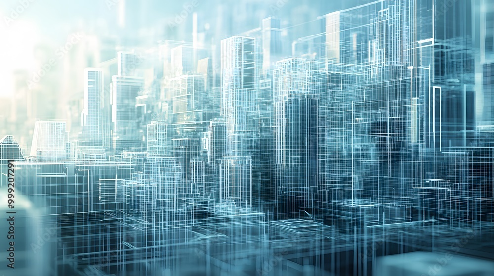 Abstract wireframe city background. Perspective 3D render of building wireframe. Vector. Abstract wireframe city background. Perspective 3D render of building wireframe. Vector.