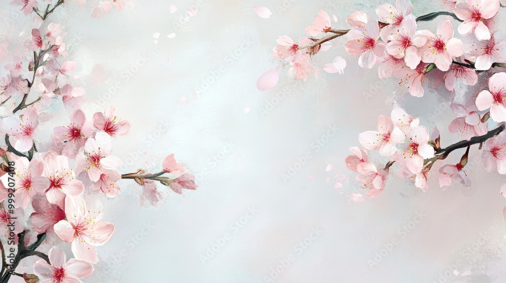 Obraz premium Delicate Pink Cherry Blossoms on a Light Blue Background - Watercolor Painting