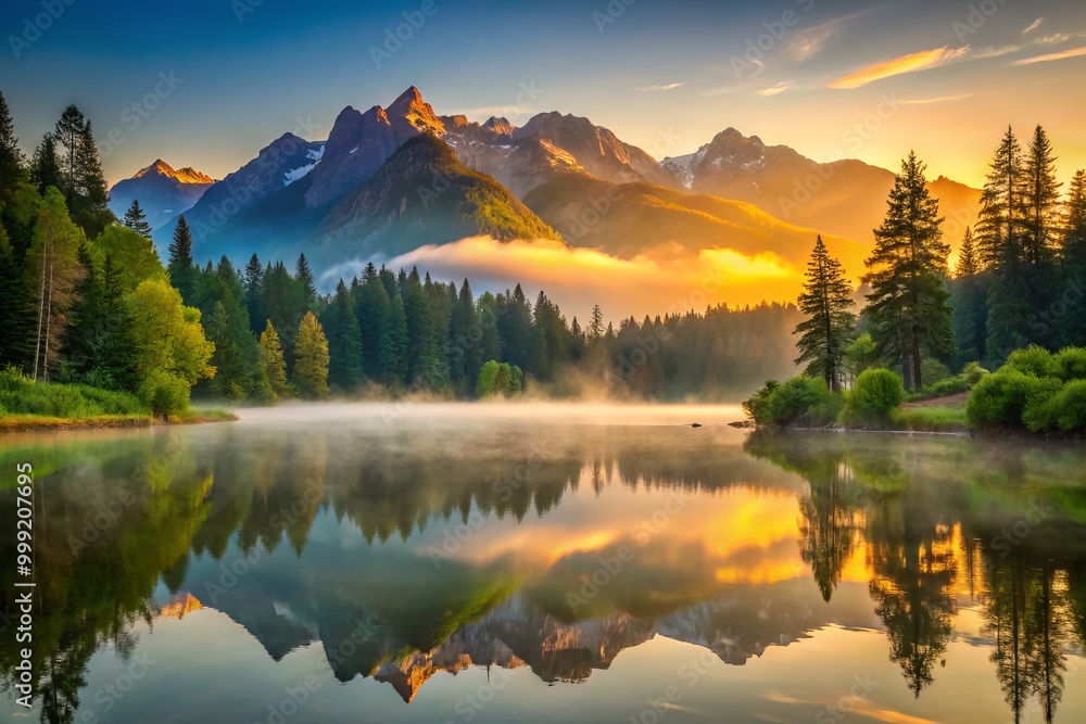 Tranquil Lake mirrors the majestic beauty of surrounding mountains, awash in golden hour light, with soft mist rising from the water's edge, and lush greenery framing the scenic vista. Tranquil Lake mirrors the majestic beauty of surrounding mountains, awash in golden hour light, with soft mist rising from the water's edge, and lush greenery framing the scenic vista.