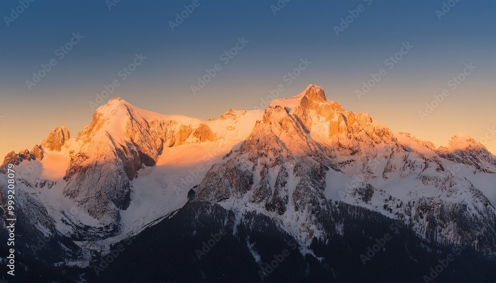Serene snow-capped peaks at sunrise with golden light touching the mountain tops Serene snow-capped peaks at sunrise with golden light touching the mountain tops