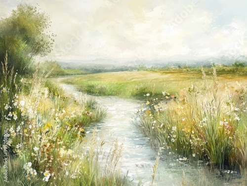 Serene Countryside Landscape with Creek and Wildflowers - Oil Painting photo