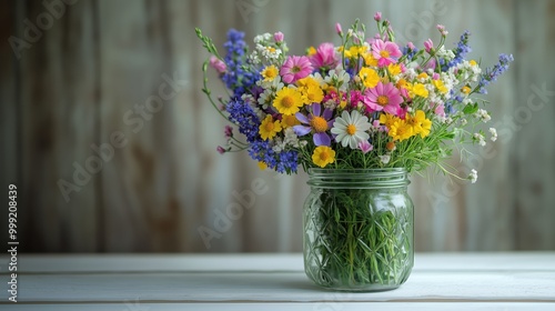 A charming rustic bouquet of wildflowers in vibrant hues displayed in a mason jar on a sunlit wooden table