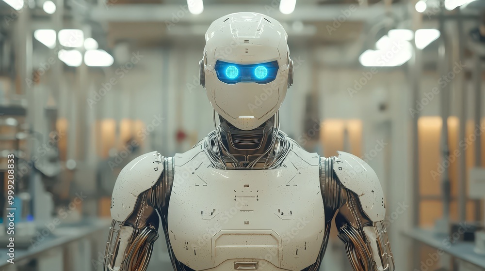 Futuristic Robot with Glowing Eyes in a High Tech Lab Futuristic Robot with Glowing Eyes in a High Tech Lab