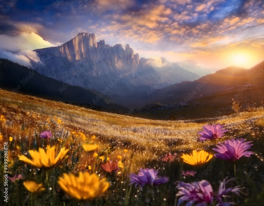 Fototapeta premium A field of wildflowers in full bloom at the base of a towering mountain range