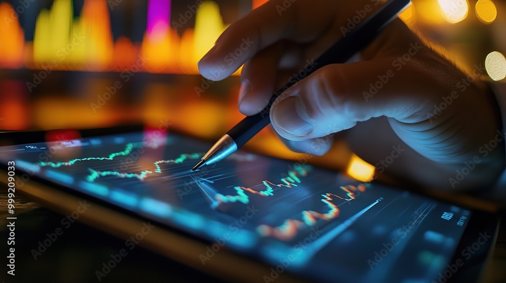Naklejka premium Hand Holding Pen Over Tablet with Financial Graphs