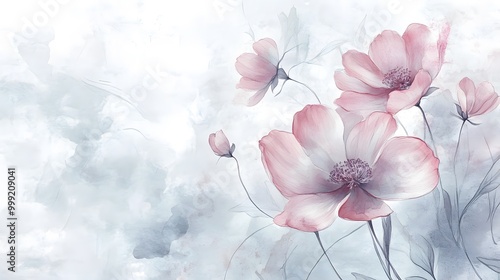 Watercolor illustration of pastel flowers on an elegant wallpaper with flowing ink patterns
