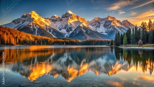 Warm morning sunlight casts a golden glow on snow-capped peaks towering above a serene lake's tranquil waters.