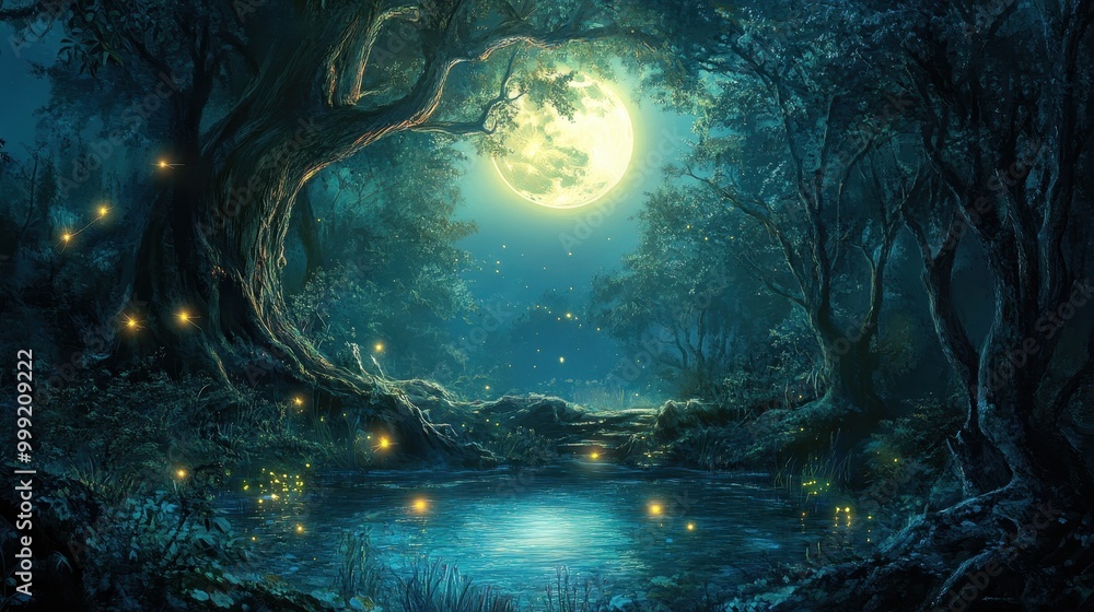 Fototapeta premium Enchanting Moonlit Forest Scene with Fireflies and a Tranquil Stream