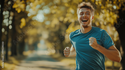 White male runner, copy space, smiling