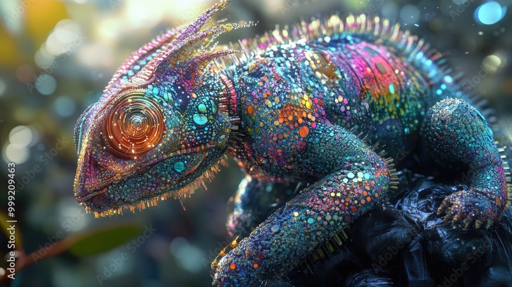 A high-res photo of a futuristic animal with genetically engineered chameleon skin, shifting colors to blend with its synthetic surroundings. A high-res photo of a futuristic animal with genetically engineered chameleon skin, shifting colors to blend with its synthetic surroundings.