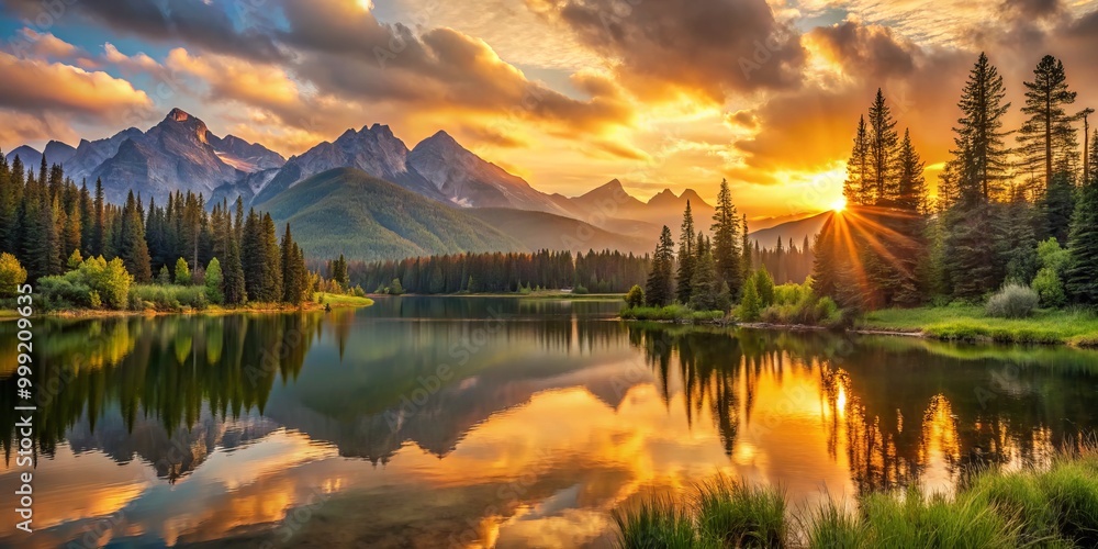 Stunning sunrise casts a warm golden glow over a serene lake surrounded by majestic mountain peaks with rustling trees and lush greenery Stunning sunrise casts a warm golden glow over a serene lake surrounded by majestic mountain peaks with rustling trees and lush greenery