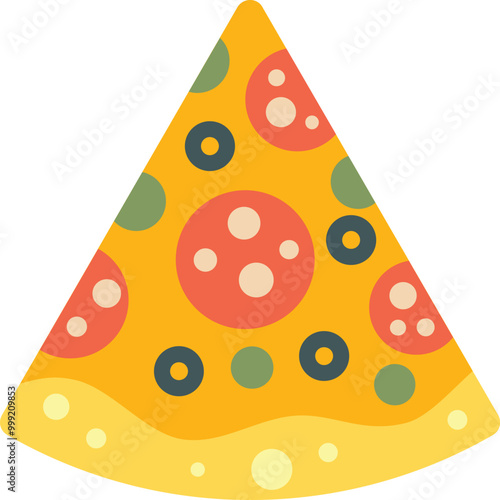 Single slice of pizza with pepperoni and olives is shown against a white background