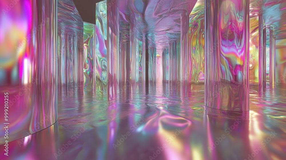 Obraz premium Abstract Holographic Iridescent Columns and Reflective Floor - Futuristic and Psychedelic Background