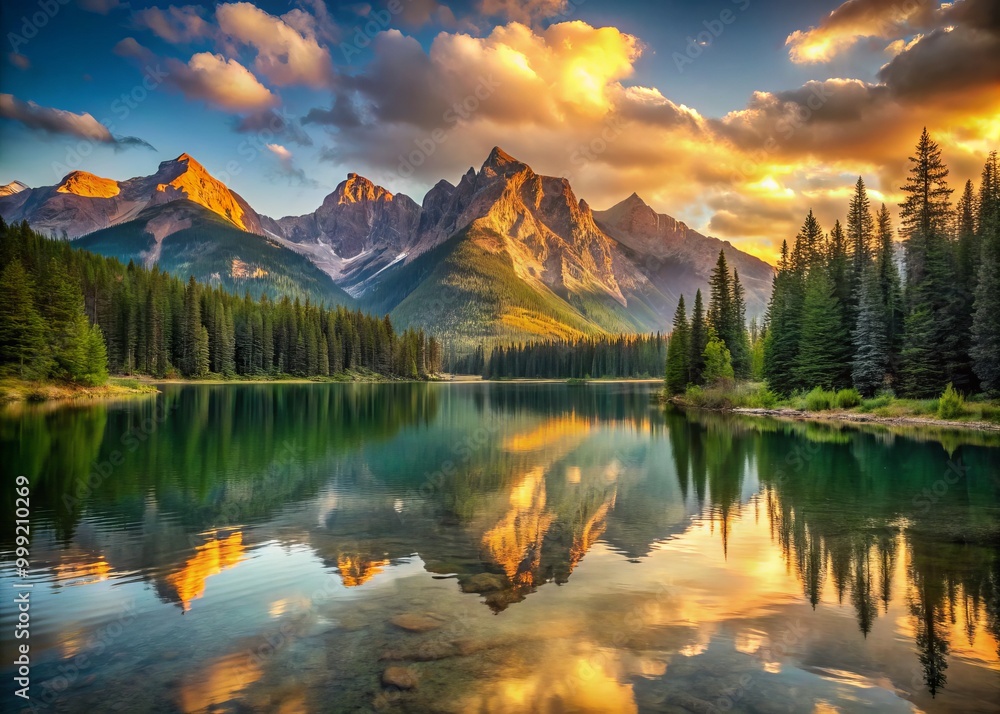 Serene Lake lies nestled among majestic mountain peaks, as morning light paints the landscape with warm, golden hues, emphasizing the rich textures and contrasts of the natural world. Serene Lake lies nestled among majestic mountain peaks, as morning light paints the landscape with warm, golden hues, emphasizing the rich textures and contrasts of the natural world.