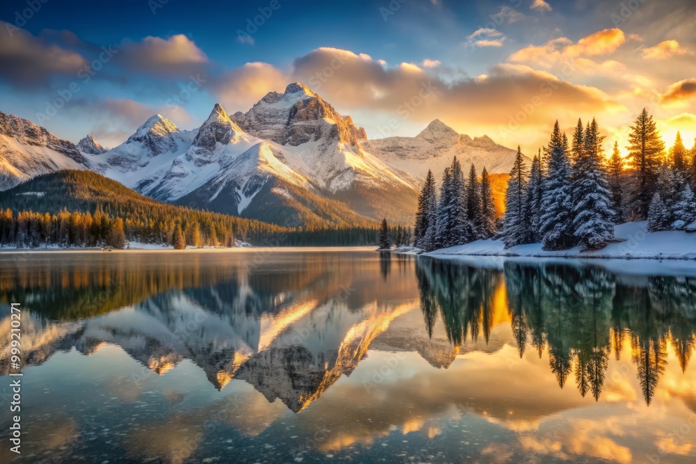 Fototapeta premium Snow-Draped Mountain Range towers above serene lake, bathed in soft golden hour light, accentuating snowflakes' intricate patterns, and reflecting majestic peaks' shadows on still water.