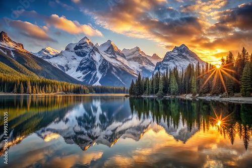 Rising sun casts golden rays upon snow-capped peaks towering above tranquil lake waters reflecting majestic vistas in perfect symmetry.