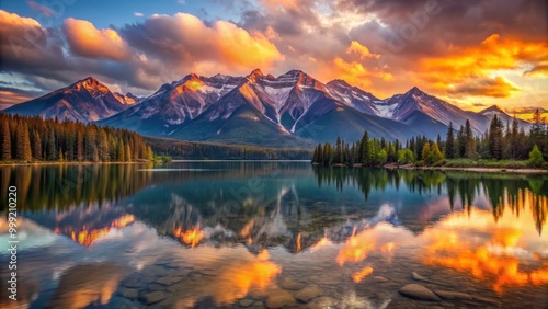 First light of dawn breaks over the mountain peaks, painting the sky with warm hues, and casting a shimmering glow on the lake's glassy surface, where reflections of the mountains shimmer.