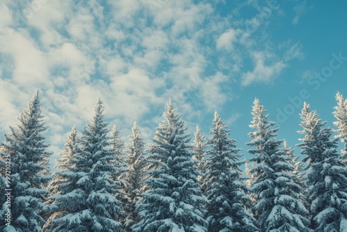 Snowy pine trees against a blue sky