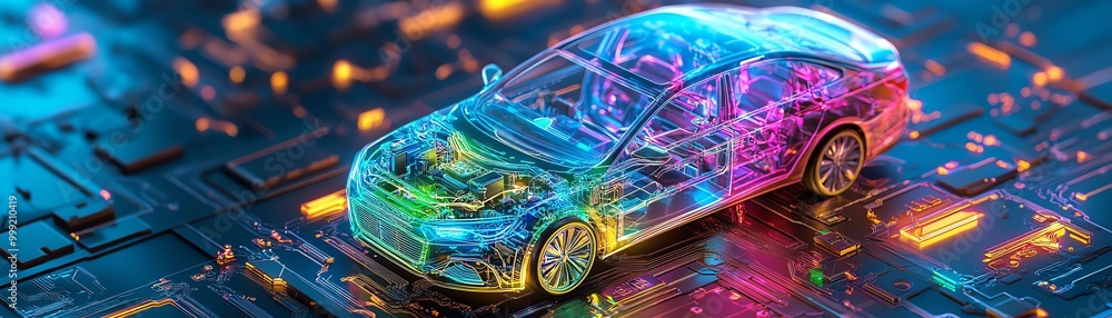 A vibrant digital car model with glowing circuitry, symbolizing advanced technology and innovation in the automotive industry. A vibrant digital car model with glowing circuitry, symbolizing advanced technology and innovation in the automotive industry.