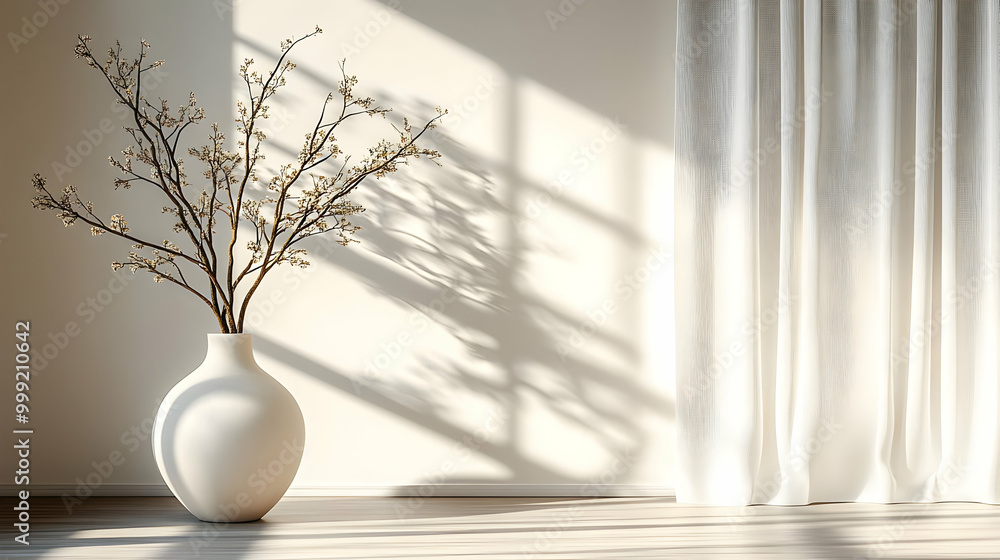 Simple White Vase With Branch and White Sheer Curtains Simple White Vase With Branch and White Sheer Curtains