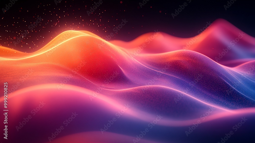 Abstract glowing waves in red and blue with light particles on a black background. Abstract glowing waves in red and blue with light particles on a black background.