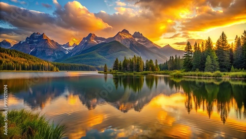 Sunrise illuminates a serene lake with distant mountain peaks, as warm golden hour light casts a radiant glow, enhancing vibrant color contrasts and expansive views.