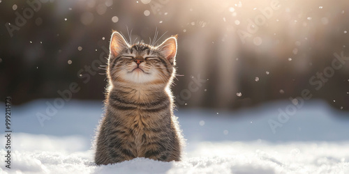 A cute little cat sitting in the snow, generative AI