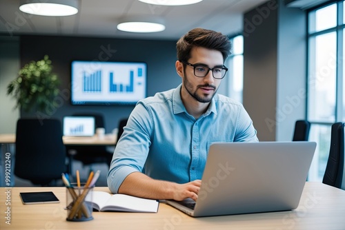 Young Professional Analyzing Data on Laptop in Contemporary Office Setting