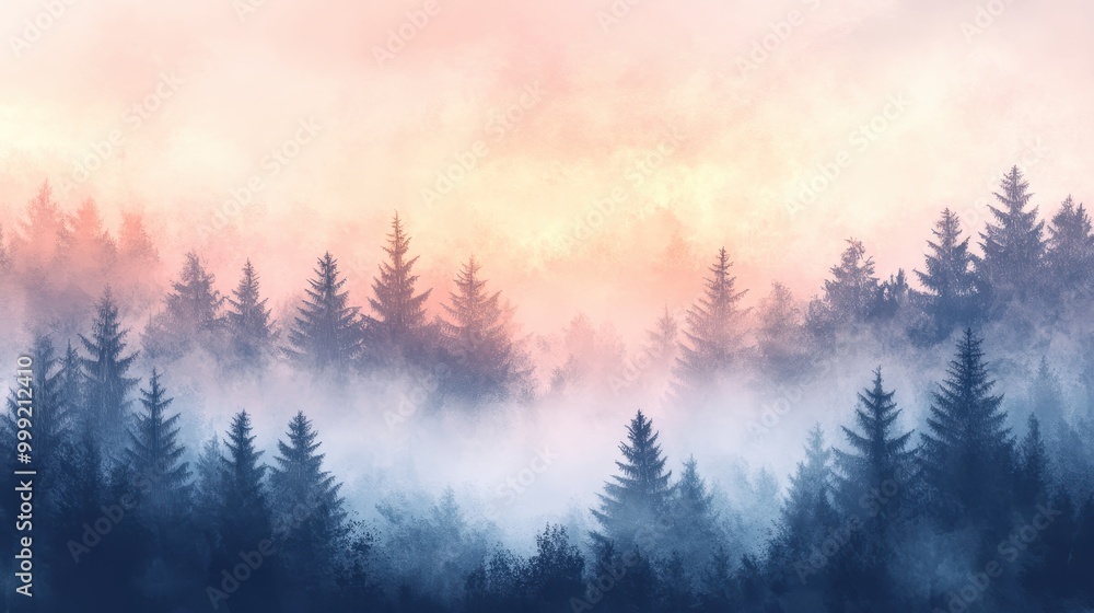 Obraz premium Misty Forest Silhouette with Pink and Orange Sunset Sky - Nature Background