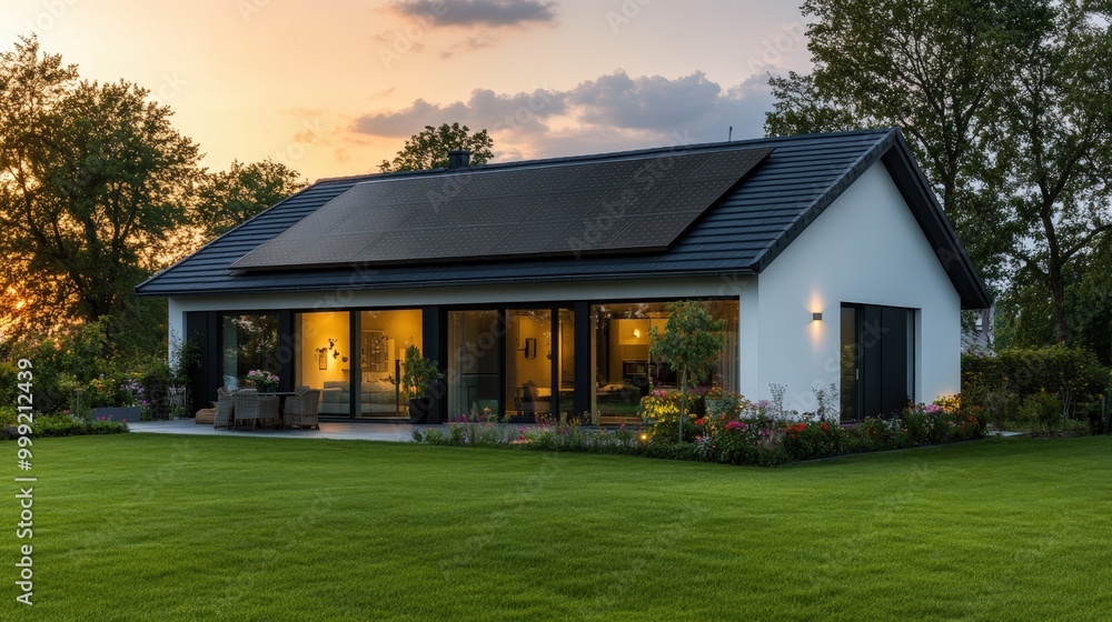 modern home with solar panels at sunset modern home with solar panels at sunset