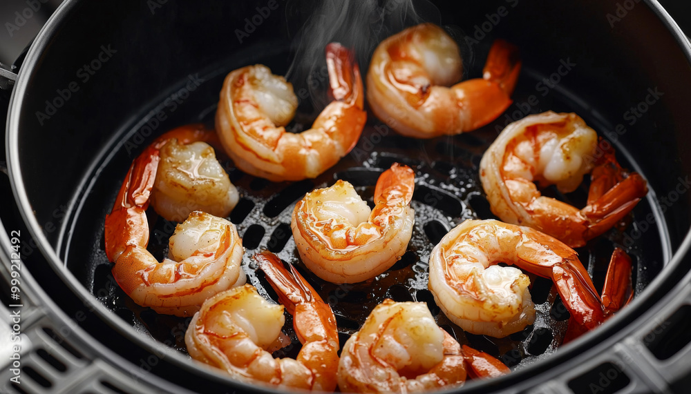 A close-up of cooked shrimp arranged in an air fryer, showcasing a delicious seafood dish ready for serving. A close-up of cooked shrimp arranged in an air fryer, showcasing a delicious seafood dish ready for serving.
