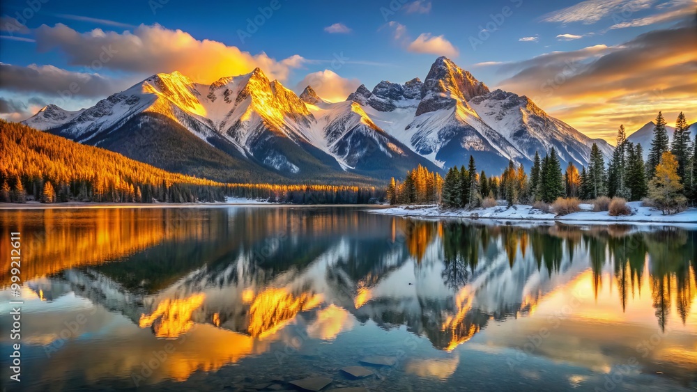 Golden light of dawn illuminates snow-drenched mountain peaks, their reflections rippling in lake's calm waters, as vibrant colors and textures intertwine in harmonious balance. Golden light of dawn illuminates snow-drenched mountain peaks, their reflections rippling in lake's calm waters, as vibrant colors and textures intertwine in harmonious balance.