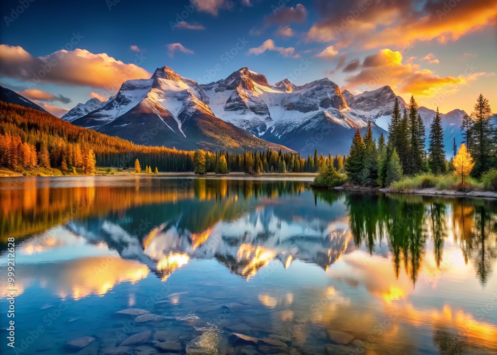 Rising Sun Illuminates Snow-capped Peaks Above Tranquil Lake Rising Sun Illuminates Snow-capped Peaks Above Tranquil Lake