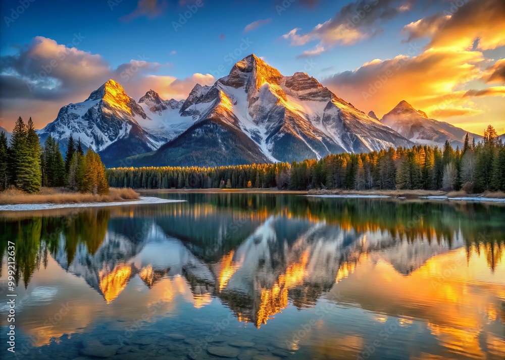 Tranquil lake reflects the majestic snow-covered mountain range, bathed in warm golden light of dawn, as the sun rises above the horizon. Tranquil lake reflects the majestic snow-covered mountain range, bathed in warm golden light of dawn, as the sun rises above the horizon.