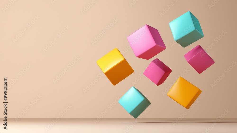 Abstract 3D Geometric Shapes in Pastel Colors Floating Cubes on Beige Background Abstract 3D Geometric Shapes in Pastel Colors Floating Cubes on Beige Background