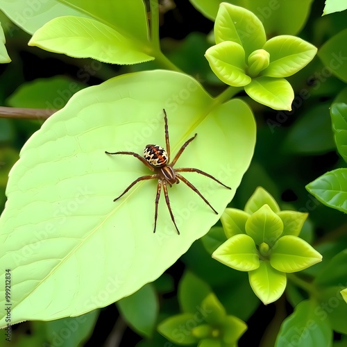 Rusty Brown Spider on Light Green Leaf Surrounded by Foliage.. photo