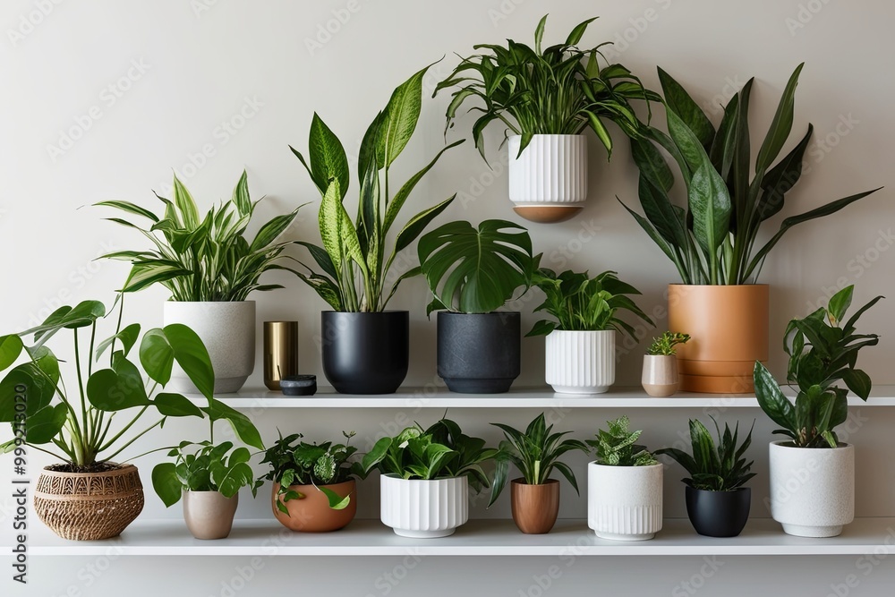 Obraz premium Stunning Houseplants for Modern Decor on a Minimalist Shelf