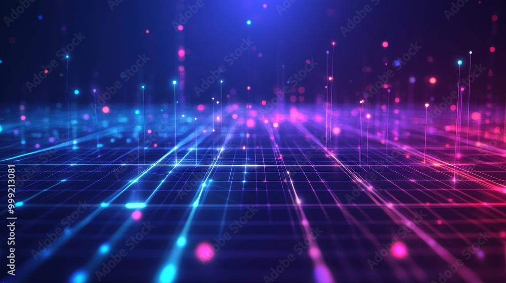 Abstract Neon Grid Background with Glowing Lines and Dots - Digital Technology, Cyberspace, Network Concept. Abstract Neon Grid Background with Glowing Lines and Dots - Digital Technology, Cyberspace, Network Concept.