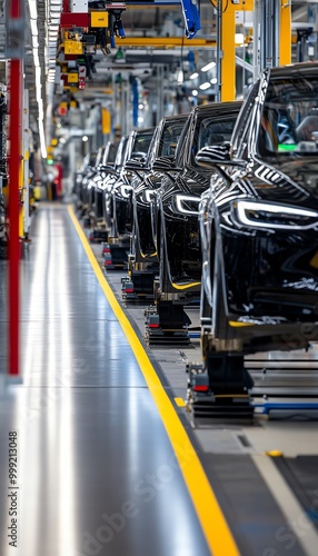 Close-up view of a car manufacturing assembly line with black vehicles in production, showcasing modern industry and technology.