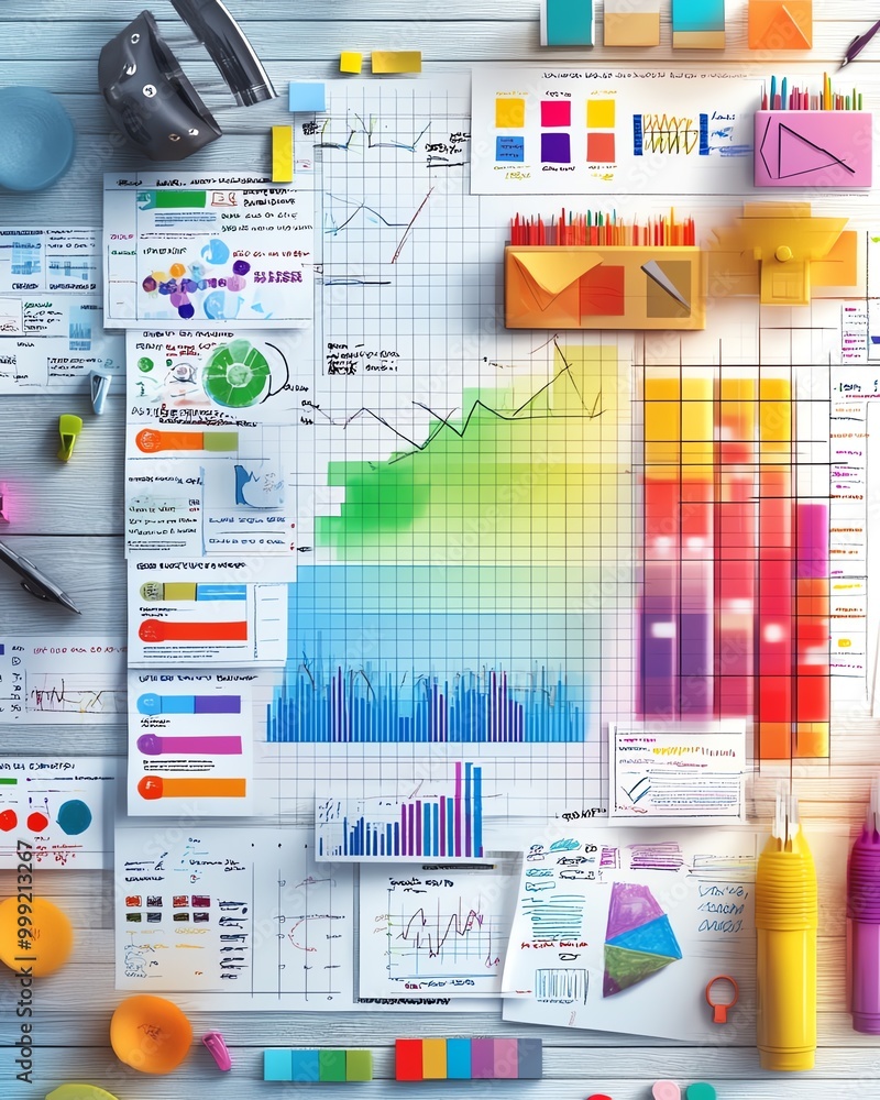 Colorful data analysis workspace featuring charts, graphs, and creative ...