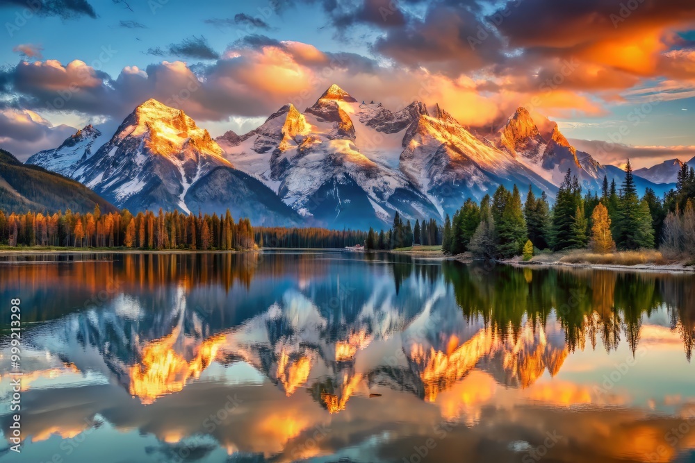 Rising Sun illuminates a serene mountain landscape where snow-capped peaks stretch towards the sky, mirrored in a calm lake's glassy surface, emphasizing subtle textures and vibrant hues. Rising Sun illuminates a serene mountain landscape where snow-capped peaks stretch towards the sky, mirrored in a calm lake's glassy surface, emphasizing subtle textures and vibrant hues.