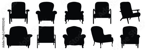 Armchair silhouettes set, furniture pack of vector silhouette design, isolated background.