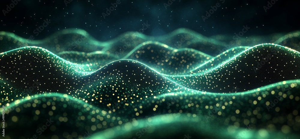 Abstract green and gold digital wave background with glowing particles. Abstract green and gold digital wave background with glowing particles.