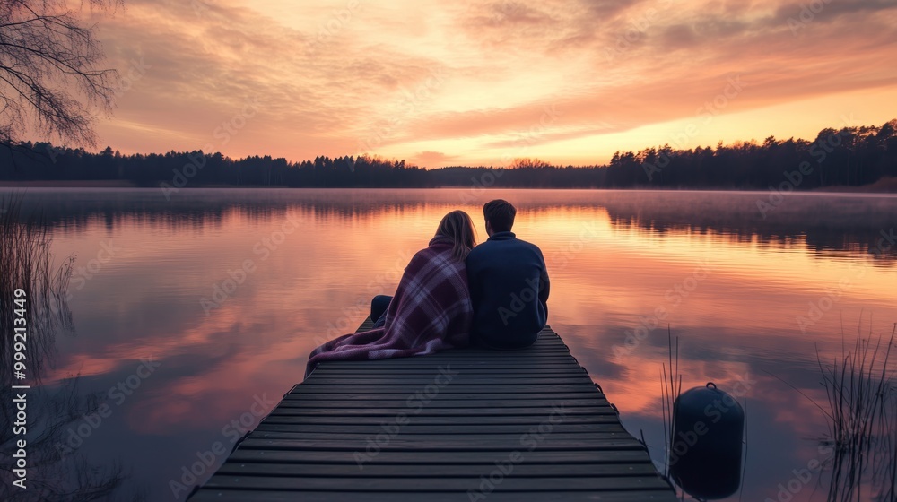 A couple is sitting on a dock by a lake, watching the sunset. The water is calm and the sky is filled with beautiful colors. Scene is peaceful and romantic. A couple is sitting on a dock by a lake, watching the sunset. The water is calm and the sky is filled with beautiful colors. Scene is peaceful and romantic.